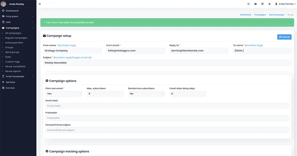 Email marketing platform campaign setup screen
