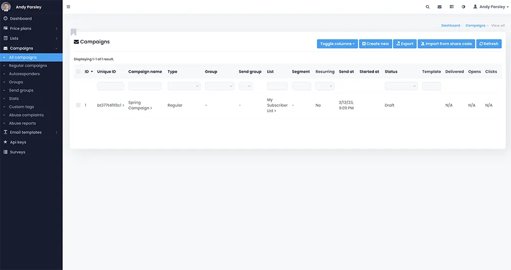 MailerLite alternative dashboard shown in Liberation Technology Services software