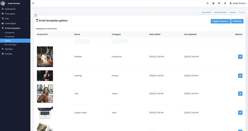 Website builder template categories