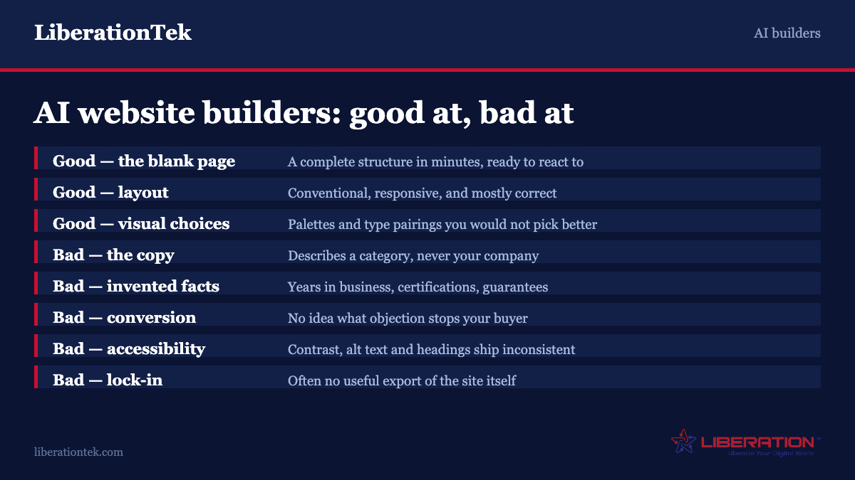 What AI website builders do well and where they fail: they are good at getting past the blank page, producing conventional responsive layouts and coherent visual choices; they are bad at writing copy that describes your company rather than your category, they invent facts such as years in business and certifications, they have no conversion design, accessibility ships inconsistently, and they often offer no useful export of the site. From LiberationTek.