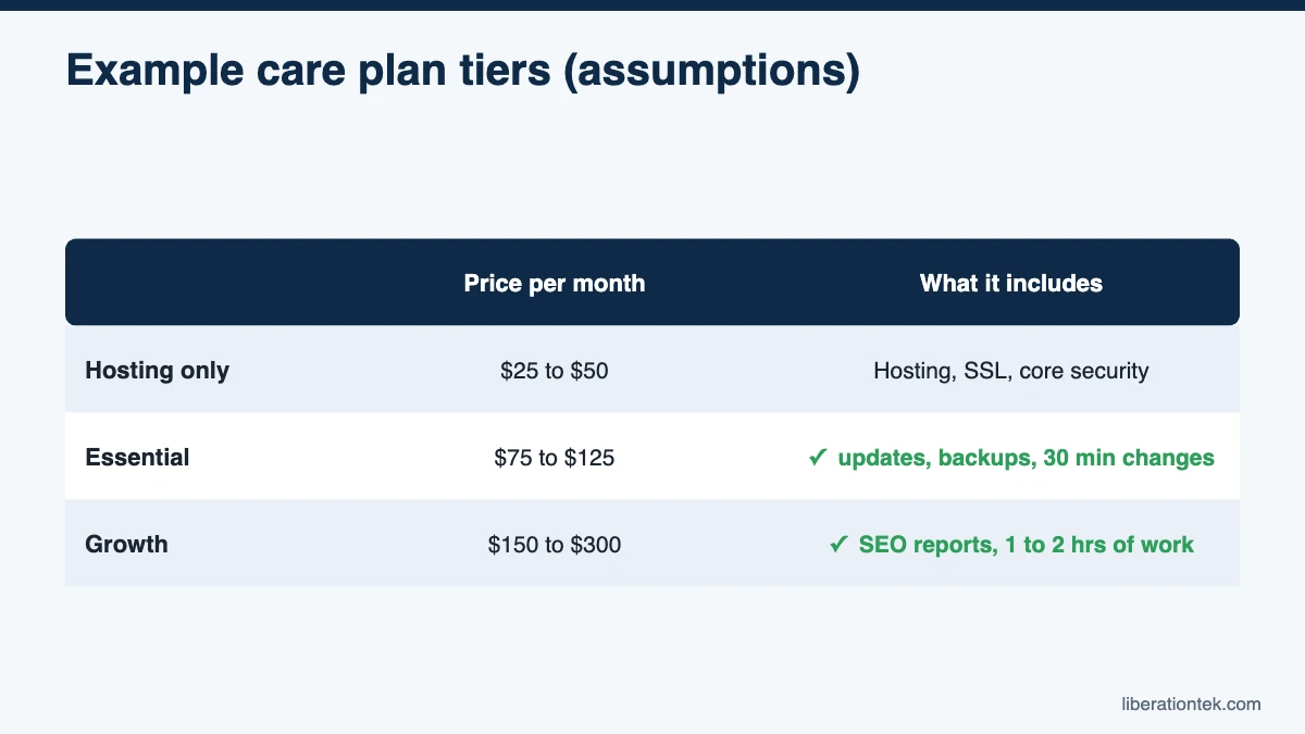 Charge for web hosting: Example care plan tiers (assumptions)