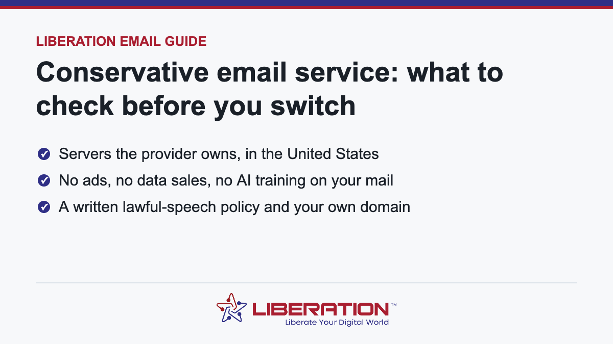 Conservative email service checklist: provider-owned U.S. servers, no ads or data sales or AI training on your mail, a written lawful-speech policy and email on your own domain, with the LiberationTek logo at the bottom.