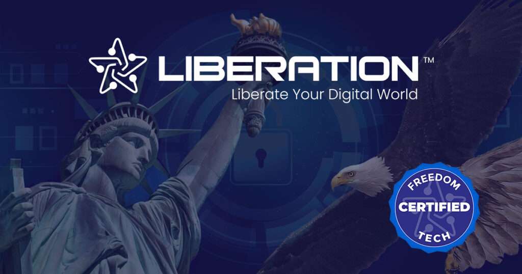 FFL Web Hosting from LiberationTek: the Liberation logo and tagline "Liberate Your Digital World" over the Statue of Liberty, a bald eagle in flight and the Freedom Tech Certified badge on a dark blue background.