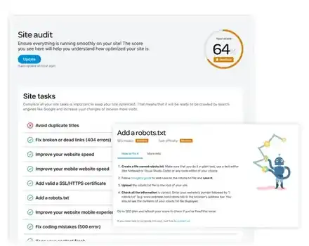marketgoo SEO site audit with a prioritised list of site tasks and a step-by-step fix for adding a robots.txt