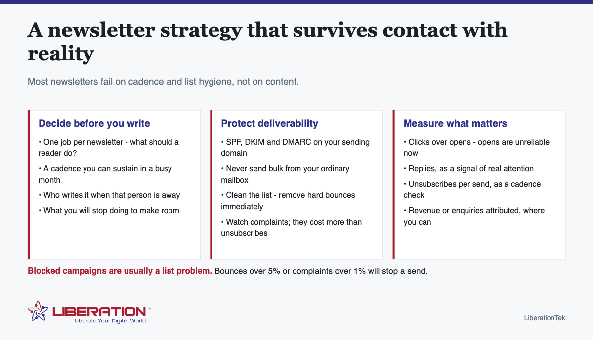 Newsletter marketing strategy that survives contact with reality. Most newsletters fail on cadence and list hygiene, not on content. Decide before you write: One job per newsletter - what should a reader do?; A cadence you can sustain in a busy month; Who writes it when that person is away; What you will stop doing to make room. Protect deliverability: SPF, DKIM and DMARC on your sending domain; Never send bulk from your ordinary mailbox; Clean the list - remove hard bounces immediately; Watch complaints; they cost more than unsubscribes. Measure what matters: Clicks over opens - opens are unreliable now; Replies, as a signal of real attention; Unsubscribes per send, as a cadence check; Revenue or enquiries attributed, where you can. Blocked campaigns are usually a list problem. Bounces over 5% or complaints over 1% will stop a send. Branded diagram from LiberationTek, with the Liberation Technology Services logo at the foot of the image.