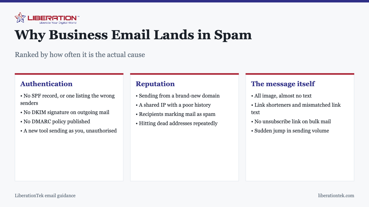 Why Business Email Lands in Spam. Ranked by how often it is the actual cause Authentication: No SPF record, or one listing the wrong senders; No DKIM signature on outgoing mail; No DMARC policy published; A new tool sending as you, unauthorised. Reputation: Sending from a brand-new domain; A shared IP with a poor history; Recipients marking mail as spam; Hitting dead addresses repeatedly. The message itself: All image, almost no text; Link shorteners and mismatched link text; No unsubscribe link on bulk mail; Sudden jump in sending volume