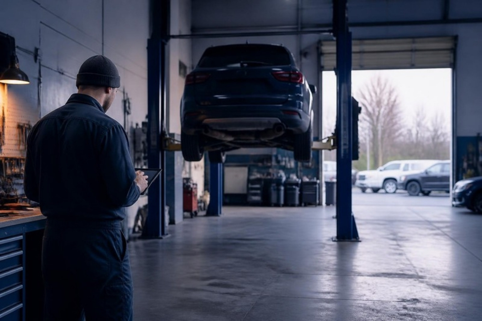 Auto repair shop website hosting: the service bay of an independent repair shop with a vehicle on a lift