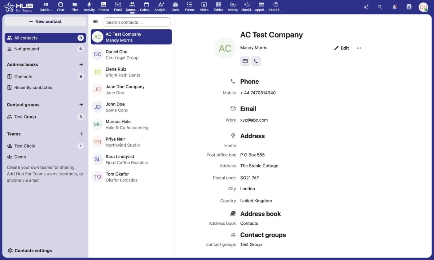 Hub for Teams contacts app showing a shared address book of business contacts