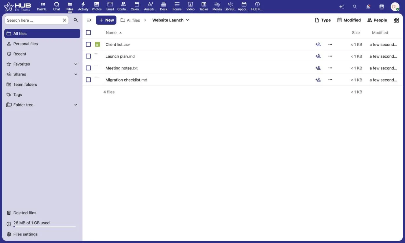 Hub for Teams files app showing a shared project folder with documents
