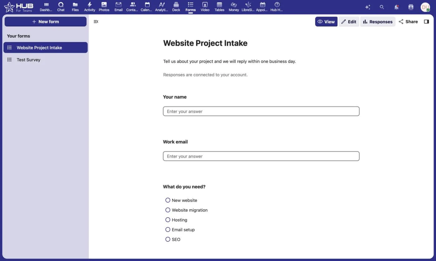 Hub for Teams forms app showing a client project intake form