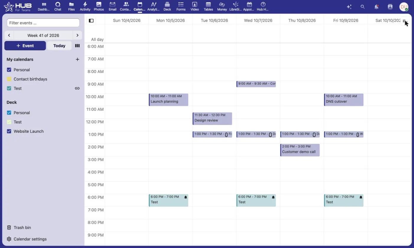 Hub for Teams shared calendar with team meetings and deadlines