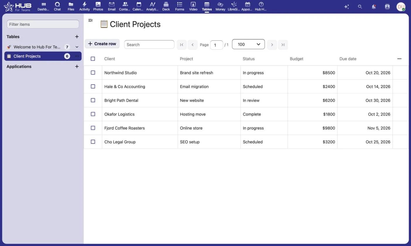 Hub for Teams tables app tracking client projects in a spreadsheet-style view