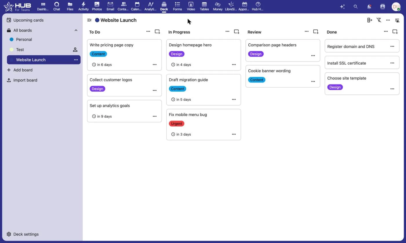 Hub for Teams task board with project cards in columns