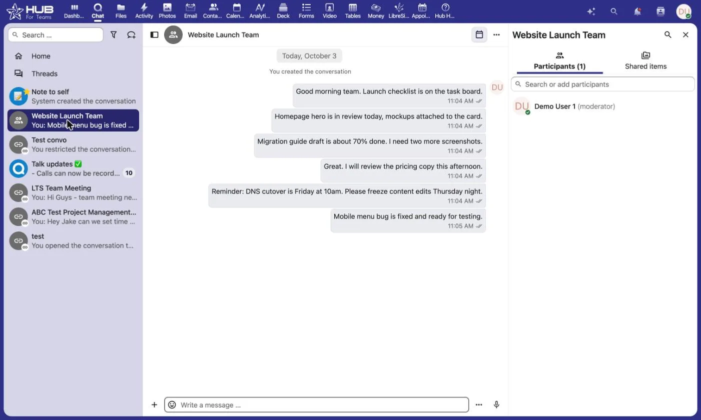 Hub for Teams team chat with channels and conversations