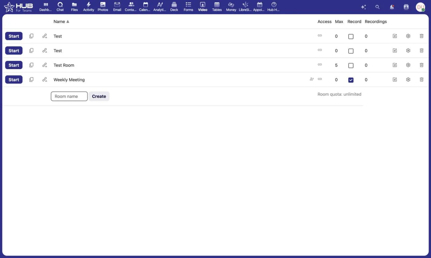 Hub for Teams video meetings app listing meeting rooms