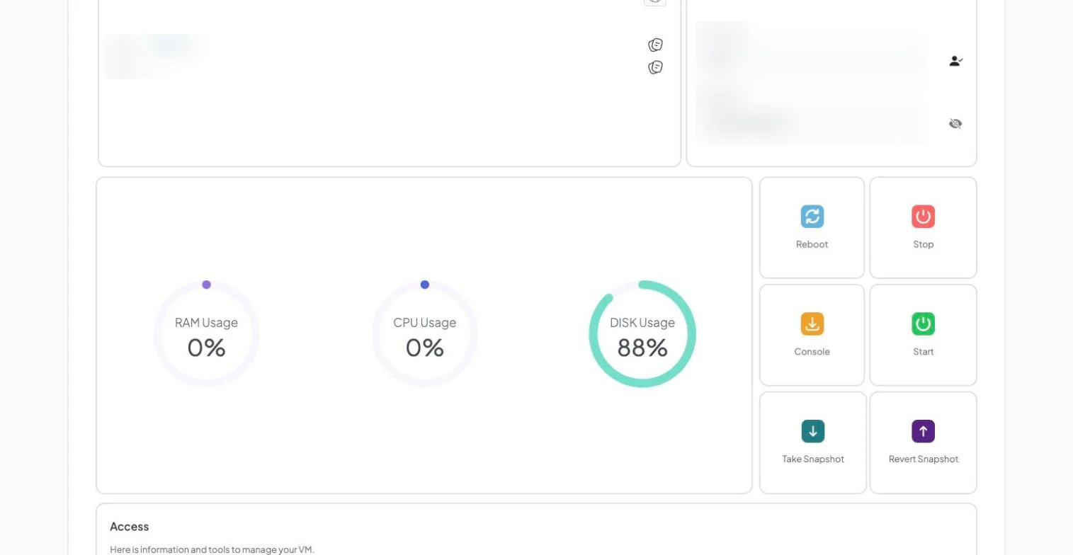 Liberation cloud server controls with usage meters and reboot, stop, console, start and snapshot buttons