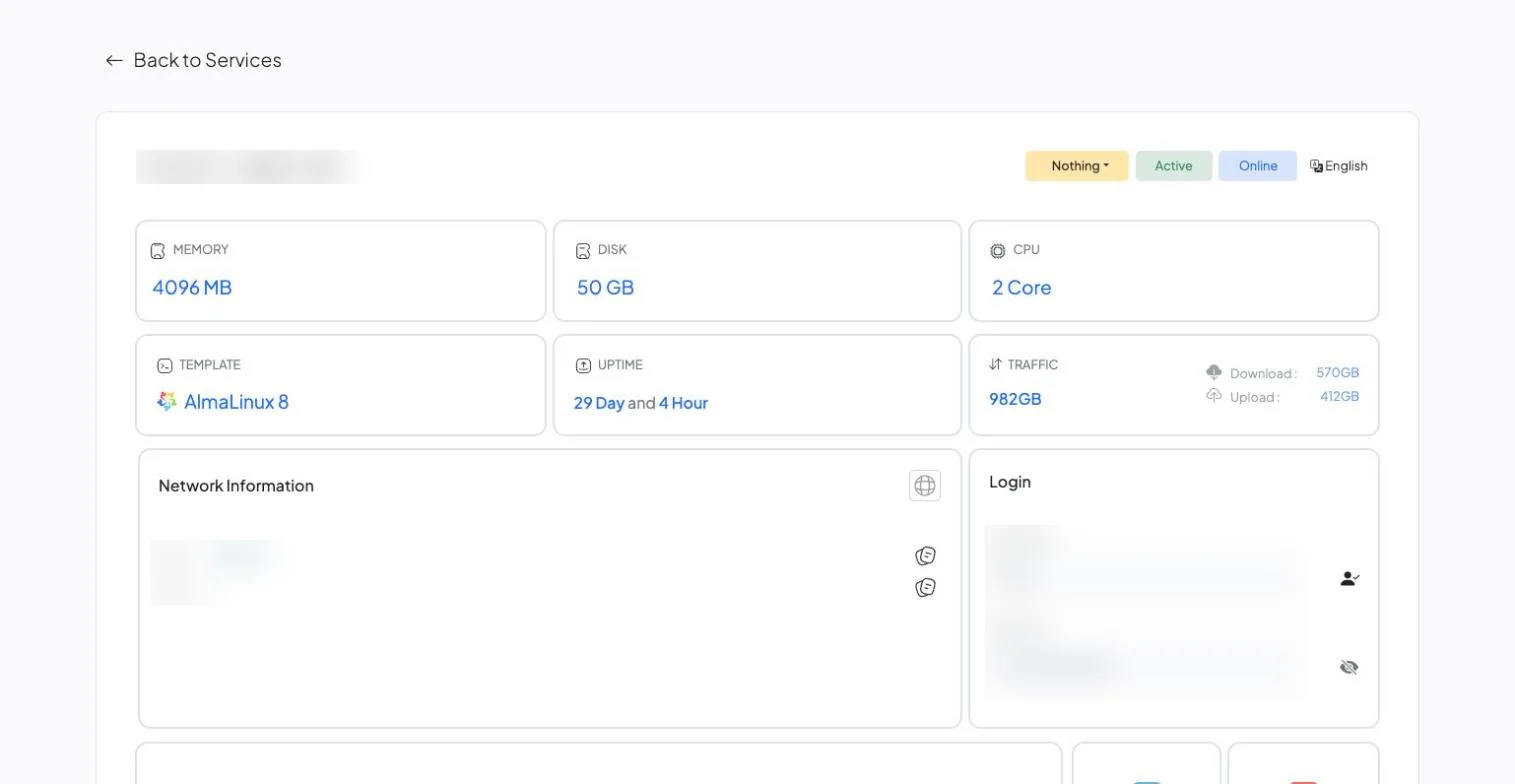 Liberation cloud server control panel showing memory, disk, CPU, template, uptime and traffic