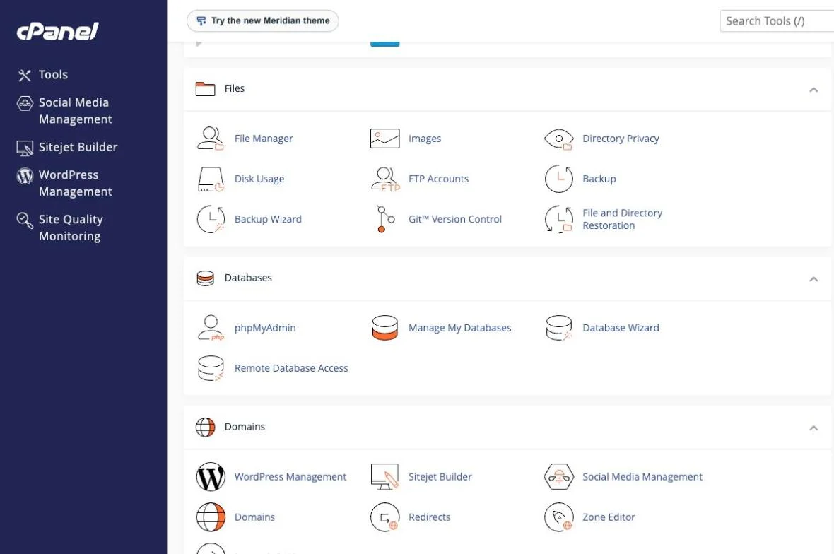 cPanel hosting control panel with file manager, backups, databases and domains