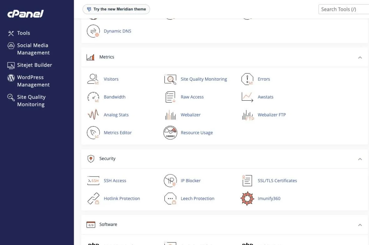 cPanel hosting control panel with visitor metrics, resource usage, SSH access and security tools