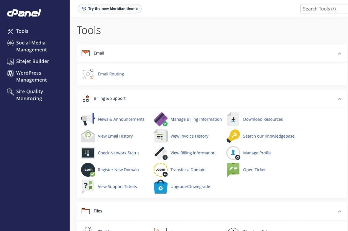 cPanel hosting control panel with billing, support and domain tools