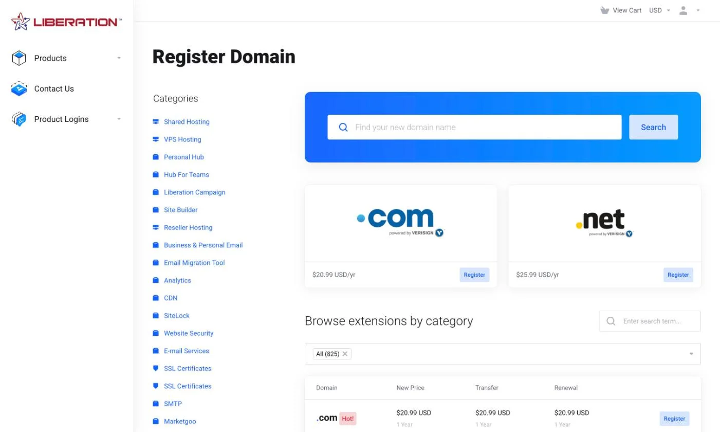 Liberation domain registration with TLD prices