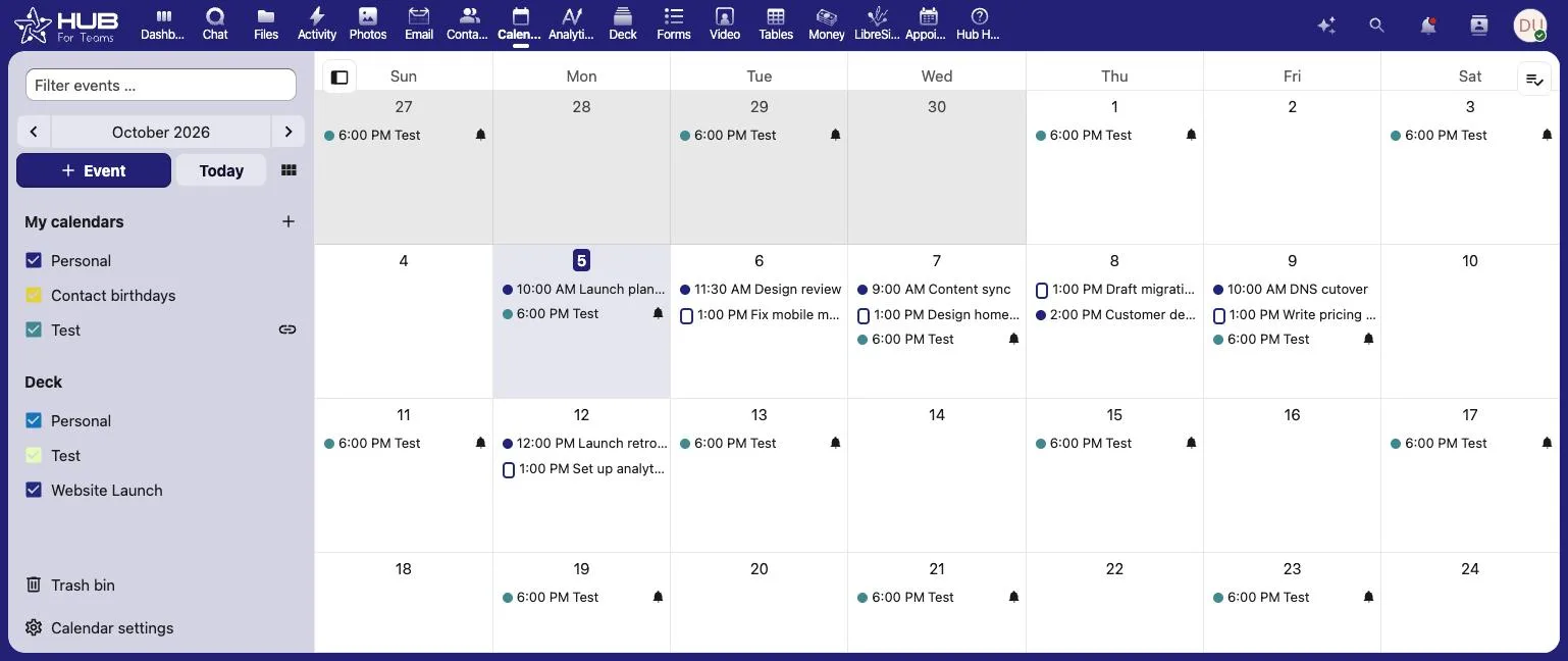 Hub for Teams calendar month view with team events