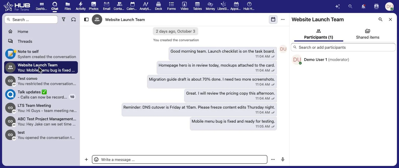 Hub for Teams chat in a project team channel
