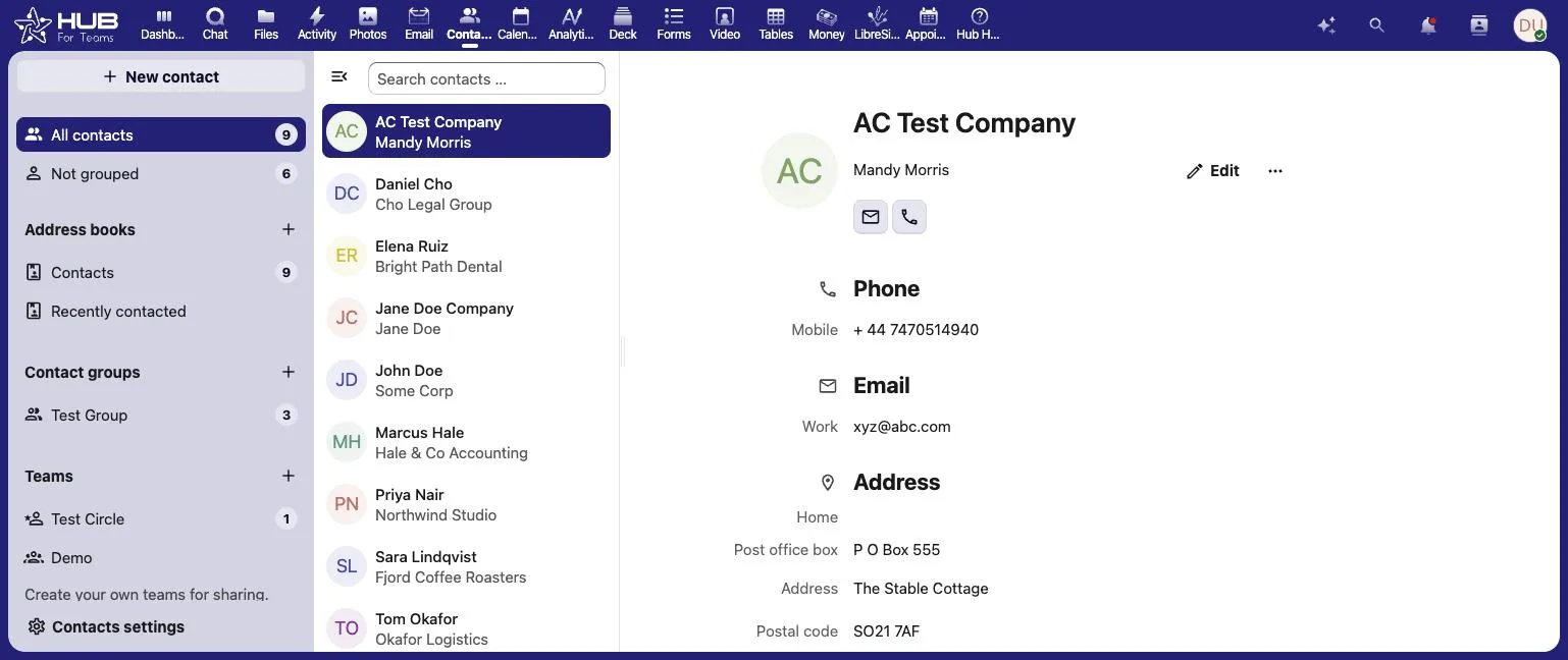 Hub for Teams contacts app with shared address book