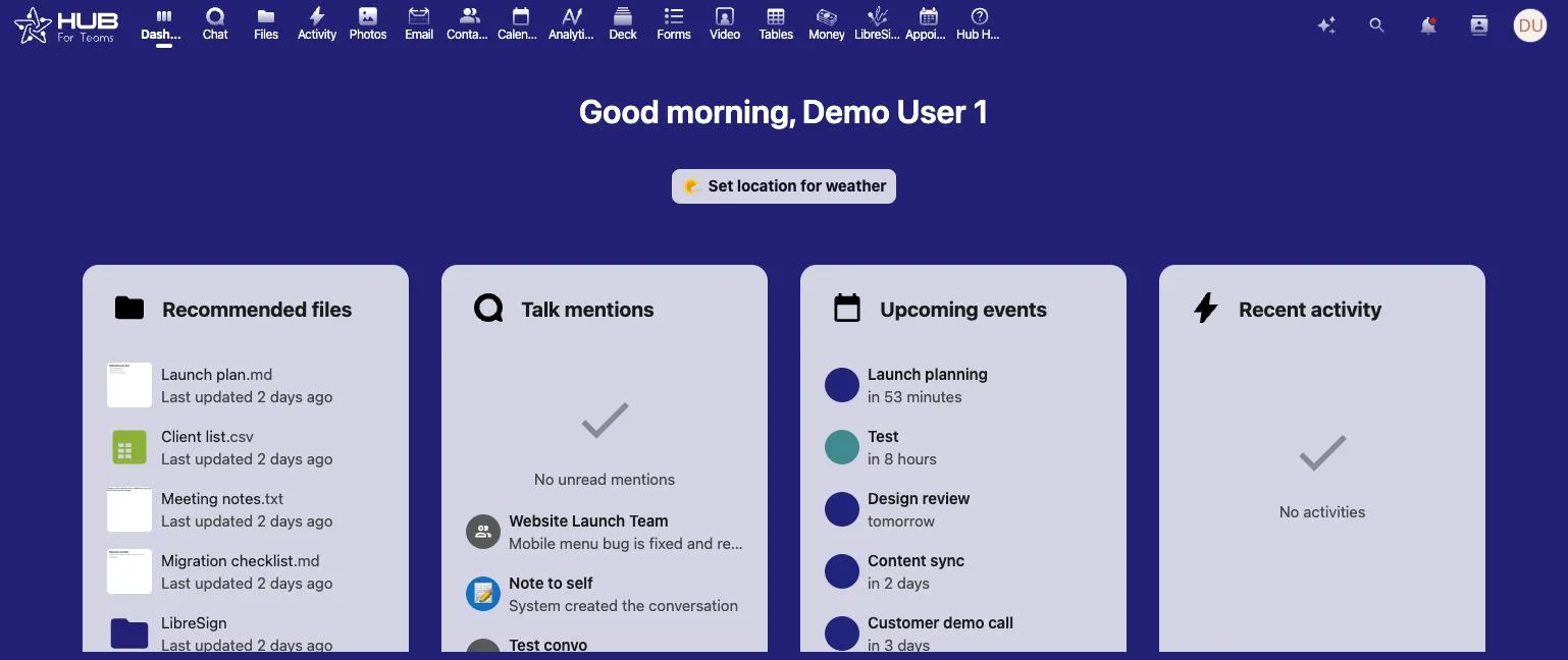 Hub for Teams dashboard with files, chat and calendar widgets