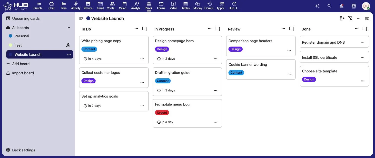 Hub for Teams Deck kanban board for a website launch project