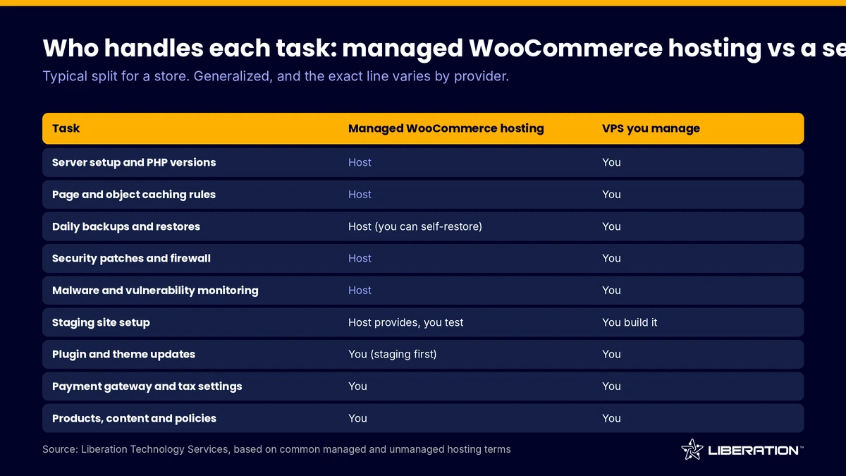 Managed WooCommerce hosting responsibilities: who handles each task on a managed plan versus a self-run VPS