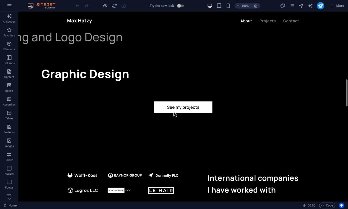 Site Builder editor showing a template clients section