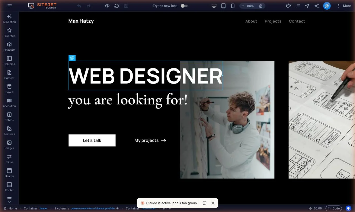 Site Builder editor showing a portfolio template hero section