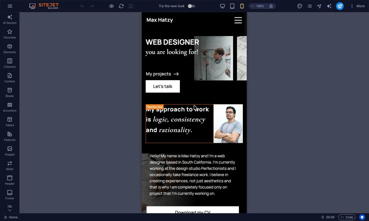 Site Builder editor showing the mobile layout of a template