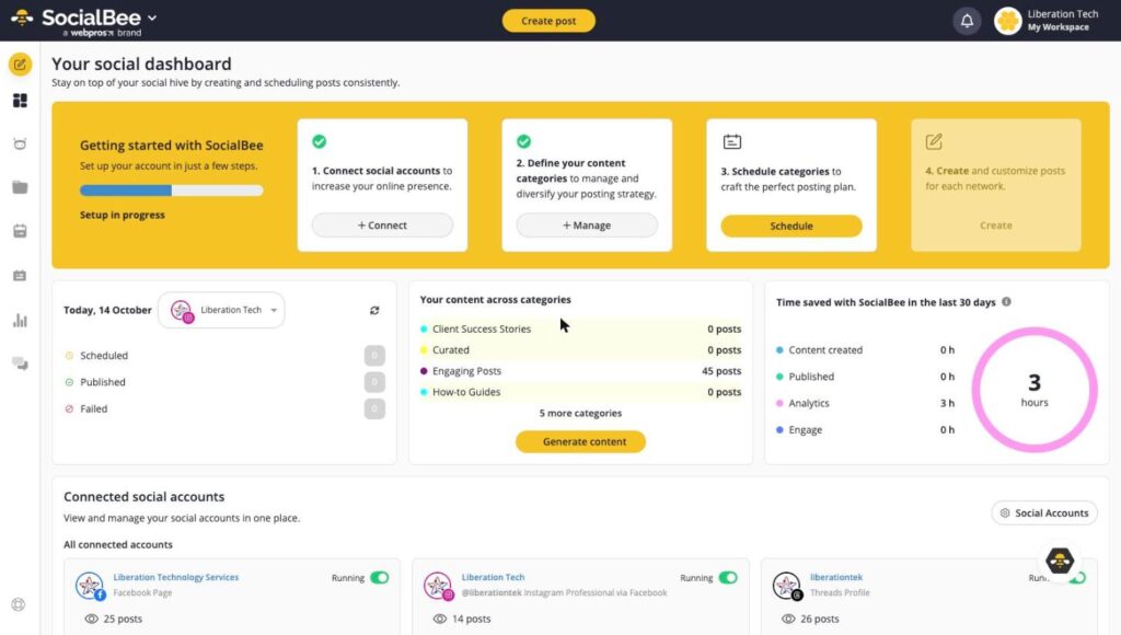 SocialBee social media management dashboard showing content categories and scheduling